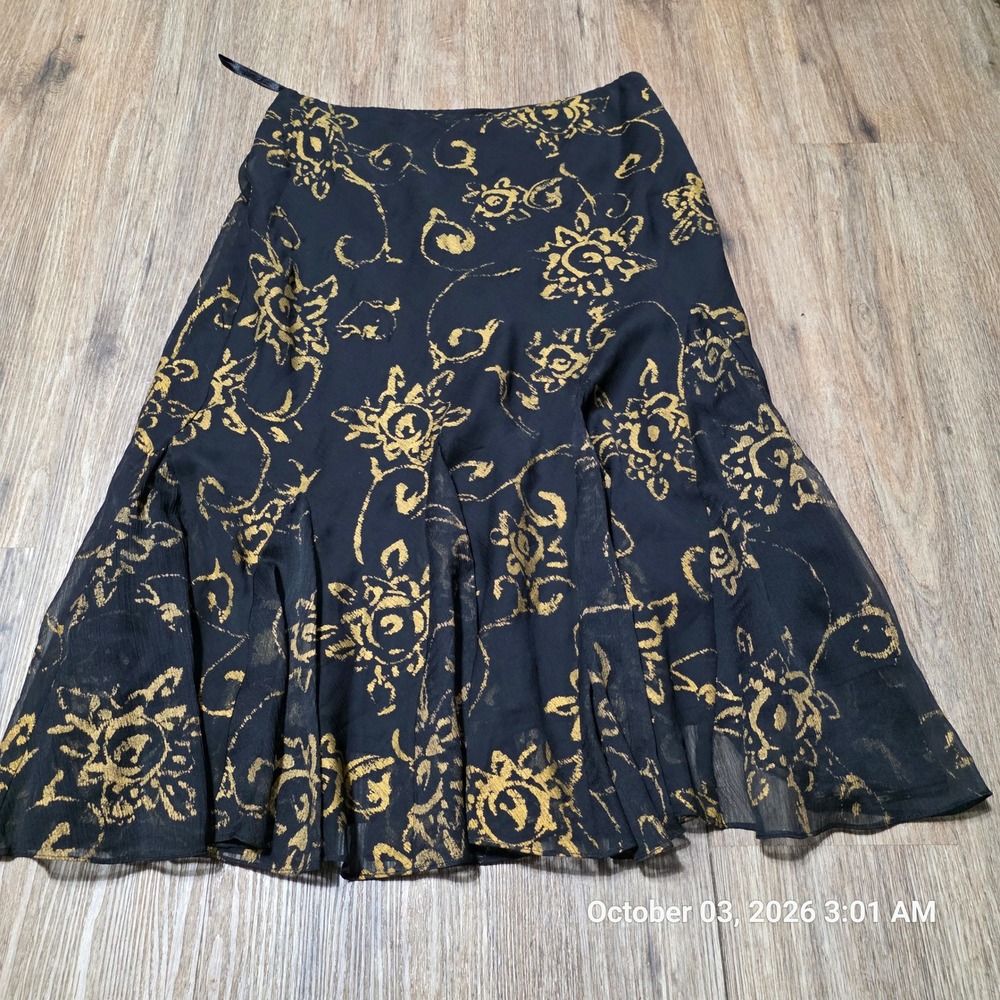Lauren Ralph Lauren Women XS Black Gold Metallic Floral Chiffon Midi Skirt Flare
